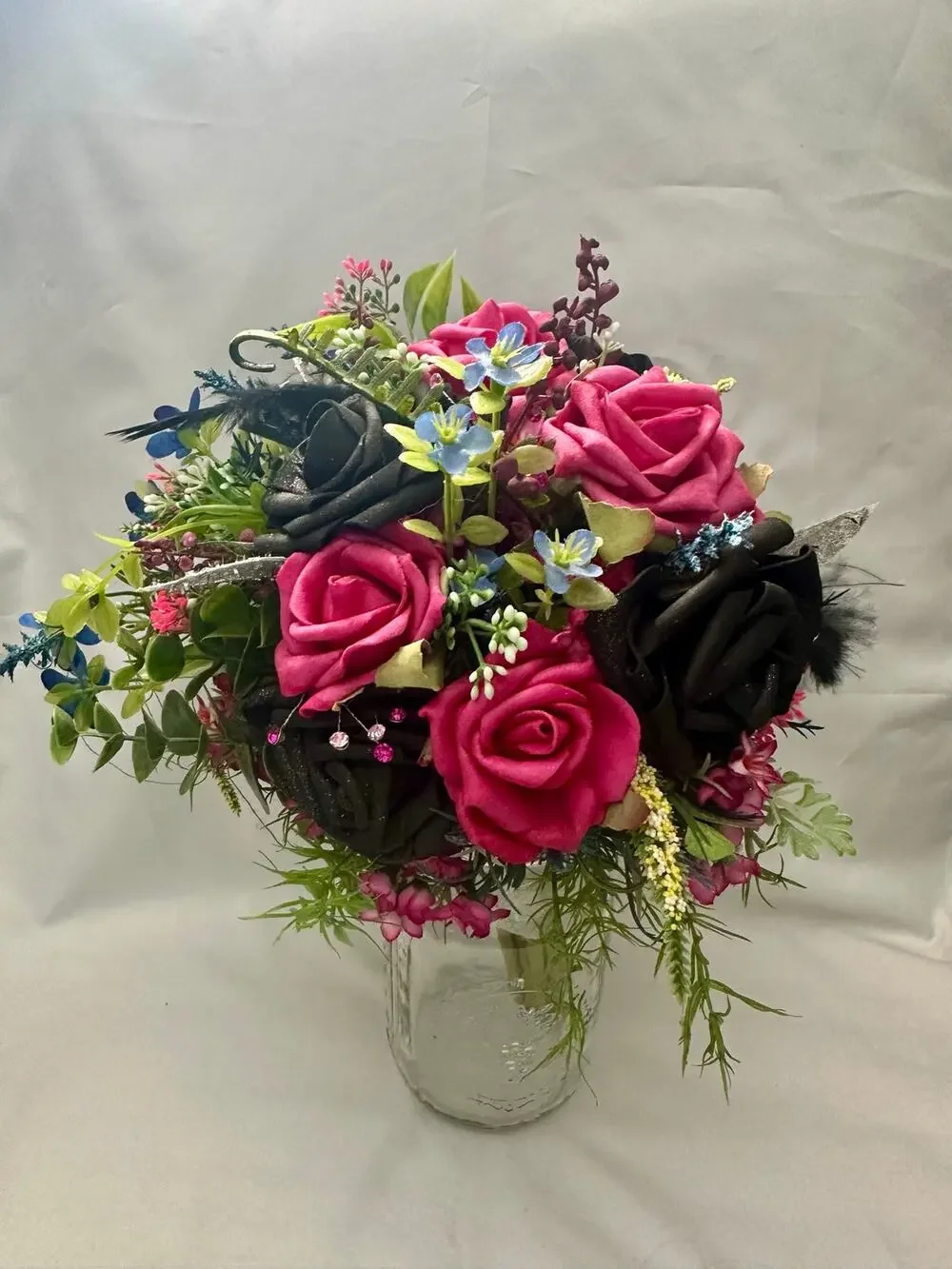 Homecoming prom floral bouquet artificial pink black blue feathers greensilver